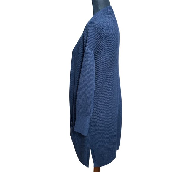 LL Bean Cardigan Women L Reg Navy Blue Knit Duster Long Pockets Open Sweater - Picture 2 of 12